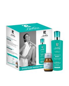 BioNike Defence Body Cellulite Promo Paket - za dvostruki napad na celulit: Anticelulitna gel-krema (medicinski proizvod) + na poklon: Nutraceutical ReduxCELL INTENSIVE DRINK (tekući dodatak prehrani). Proizvodi su u bijelo zeleno plavoj kutiji na bi