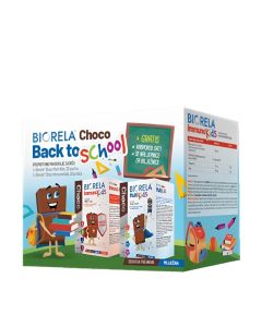 Biorela Back to School PROMO BOX - 1 x Biorela Choco Immuno Kids čokoladice + 1x Biorela Choco Multi Kids čokoladice + raspored sati + 32 naljepnice za bilježnice. Šareno pakiranje kutije promotivnog paketa na bijeloj pozadini.