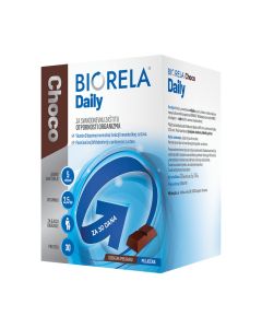 Biorela Choco Daily 30 prutića - za svakodnevnu podršku imunitetu i njegovu zaštitu, u prvu pomoć stiže Choco Daily u obliku ukusne čokoladice za imunitet s 30% kakaa. Bijelo plavo smeđa kutija na bijeloj pozadini.