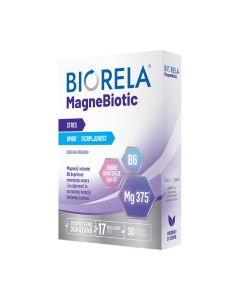 Biorela MagneBiotic 30 kapsula -  inovativni je proizvod koji će vam pružiti pomoć kod svakodnevne izloženosti stresnim situacijama. Bijelo plavo ljubičasta kutija proizvoda na bijeloj pozadini.