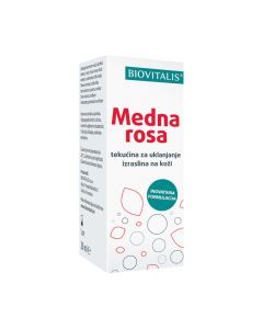 Biovitalis Medna Rosa 20 ml - uklanja izrasline na koži učinkovito, brzo i bezbolno, nanosi se priloženim kistićem i sadrži čak 6 visokoaktivnih prirodnih sastojaka. Bijelo crveno plava kutija proizvoda na bijeloj pozadini.