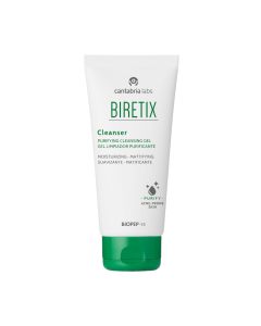 BIRETIX Cleanser - Gel za dnevno čišćenje kože, regulira višak masnoće i smanjuje razmnožavanje mikroorganizama koji doprinose razvoju akni. Proizvod je u bijelo zelenoj tubi na bijeloj pozadini.