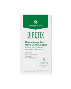 BIRETIX Dermatologic bar - Sindet (proizvod za higijenu kože bez sapuna) s antibakterijskim i aktivnim sastojcima koji reguliraju sebum. Poboljšava izgled kože i dubinsko čisti poštujući pH kože. Proizvod je u bijelo zelenoj kutiji na bijeloj pozadini.