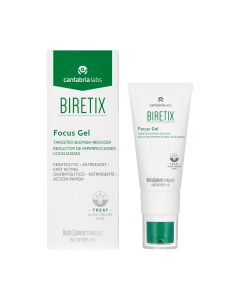 BIRETIX Focus Gel - Inovativna tekstura gela za brzo i ciljano smanjenje nepravilnosti na koži poput prištića. Smanjuje veličinu, površinu, oticanje, crvenilo i volumen lezija. Bijelo zelena kutija i tuba proizvoda na bijeloj pozadini.