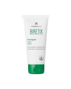 BIRETIX Isorepair krema - Regenerirajuća krema za kožu osjetljivu na tretmane oralnim i / ili lokalnim retinoidima.  Bijelo zelena tuba proizvoda na bijeloj pozadini.