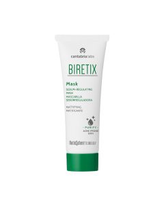 BIRETIX maska - Maska s RethinSphere® tehnologijom i glinom za kožu sklonu aknama. Zelena glina regulira višak sebuma, smanjuje crvenilo i detoksicira kožu. Zeleno bijela tuba proizvoda na bijeloj pozadini.