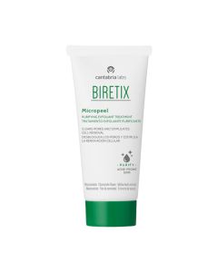 BIRETIX Micropeel - Nježan piling s mikro česticama za dubinsko čišćenje, učinkovito čisti pore i uklanja nečistoće, potičući staničnu obnovu i ostavljajući kožu mekom, glatkom i osvježenom. Proizvod u bijelo zelenoj tubi na bijeloj pozadini.