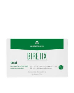 BIRETIX Oral Kapsule - dodatak prehrani s antioksidansima za kontrolu proizvodnje sebuma. Cink je prisutan u obliku glukonatne soli, jer ga probavni sustav bolje podnosi od ostalih soli cinka. Bijelo zelena kutija proizvoda na bijeloj pozadini.
