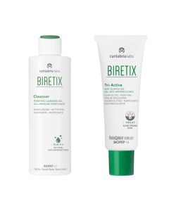 BIRETIX paket Cleanser 200 ml + Tri-Active Gel 50 ml - Gel za dnevno čišćenje lica + Gel protiv prištića za teža stanja i za akne kod odraslih. Bijelo zelena bočica i tuba proizvoda na bijeloj pozadini.