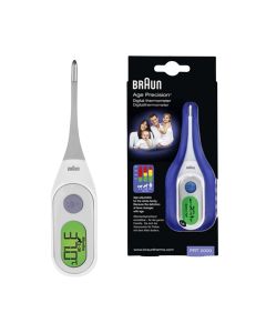 Braun PRT 2000 digitalni toplomjer - jednostavno i brzo rješenje za mjerenje temperature, jer mjeri temperaturu u samo 8 sekundi, primjeren je i za najmlađe. Proizvod i crna kutija proizvoda na bijeloj pozadini.