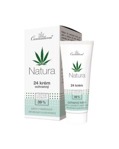 Cannaderm NATURA 24 39%KONOPLJE ZAŠTITNA KREMA, 50G - Prirodna krema bez vode, njeguje, omekšava i spriječava iritaciju kože uslijed nepovoljnih vremenskih uvjeta. Proizvod je u bijelo zelenoj tubi i kutija proizvoda je pored njega na bijeloj pozadini.