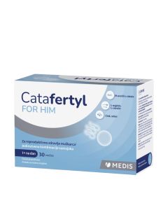 Catafertyl za muškarce 30 vrećica - namijenjen je muškarcima koji žele cjelovitu podršku svojoj plodnosti i poboljšanju kvalitete sjemene tekućine. Bijelo plava kutija proizvoda na bijeloj pozadini.