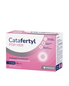 Catafertyl za žene 30 vrećica - namijenjen je ženama reproduktivne dobi koje već dugo planiraju trudnoću, imaju poteškoće s plodnošću, neredovite menstrualne cikluse ili sindrom policističnih jajnika (PCOS). Rozo bijelo plava kutija na bijeloj pozadini.