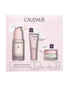 Caudalie Resveratrol -  Lift Serum Set 2022 - Resveratrol Lift serum 30 ml + Resveratrol Lift balzam za područje oko očiju 5 ml + Resveratrol lift noćna krema 15 ml. Roza kutija seta na bijeloj pozadini.