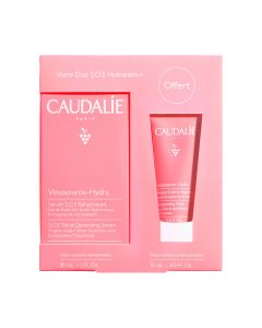 Caudalie Vinosource hidratacijski set - Serum 30 ml + Hidratantna maska 15 ml. Proizvodi su u rozoj kutiji na bijeloj pozadini.