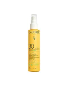 Caudalie Vinosun mlijeko u spreju za zaštitu od sunca SPF 30+ 150 ml - učinkovito štiti lice i tijelo od UVA/UVB zraka dok pruža antioksidativno djelovanje i za najosjetljiviju kožu. Žuto zeleno bijela boca sa špricom na bijeloj pozadini.