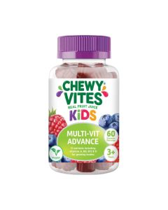 Chewy Vites Kids Multi -Vit Advance Ekstra 60 komada - dodatak prehrani, gumeni bomboni za žvakanje s 11 hranjivih tvari. Bijelo ljubičasta bočica proizvoda na bijeloj pozadini.