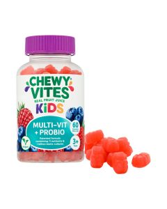 Chewy Vites Kids Multi - Vit + Probio 60 komada - dodatak prehrani, gumeni bomboni za žvakanje s vitaminima, jodom i kulturama mikroorganizama. Ljubičasto bijelo plava bočica na bijeloj pozadini i crveni gumeni bomboni pored bočice.