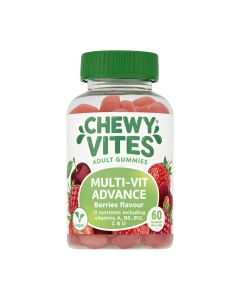 Chewy Vites Adult Multi - Vit Advance 60 komada - gumeni bomboni za žvakanje, za odrasle dodatak prehrani s vitaminima A, B6, B12, C i D okus bobičastog voća. Zeleno bijela bočica proizvoda na bijeloj pozadini.