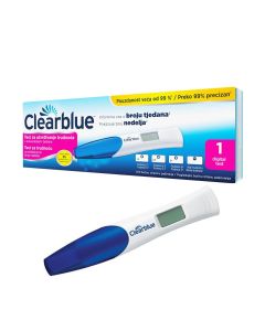 ClearBlue Digital test za utvrđivanje trudnoće s pokazateljem tjedana - prvi je i jedini test koji je pouzdan kao i ultrazvuk u utvrđivanju trajanja trudnoće.  Plavo žuto roza kutija na bijeloj pozadini.