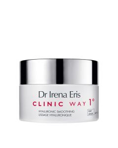 Dr Irena Eris CLINIC WAY 1 ° zaglađujuća dnevna Hyaluronic dermo krema protiv bora SPF15 CLINIC WAY 1 ° - smanjuje prve bore povezane s mimikom lica i pokretima mišića. Sivo srebrno crvena posudica kreme na bijeloj pozadini.