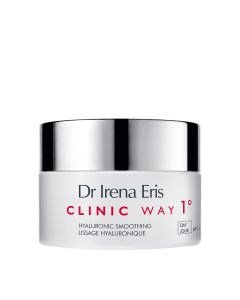 Dr Irena Eris CLINIC WAY 1 ° zaglađujuća dnevna Hyaluronic dermo krema protiv bora SPF15 CLINIC WAY 1 ° - smanjuje prve bore povezane s mimikom lica i pokretima mišića. Sivo srebrno crvena posudica kreme na bijeloj pozadini.