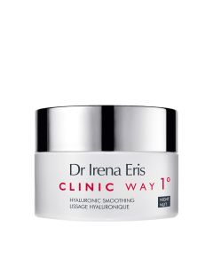 Dr. Irena Eris  CLINIC WAY 1 ° zaglađujuća noćna Hyaluronic dermo krema protiv bora 50 ml - osigurava snažnu i dugotrajnu hidrataciju, poboljšava elastičnost i intenzivno zaglađuje kožu. Sivo srebrno crvena posudica kreme na bijeloj pozadini.