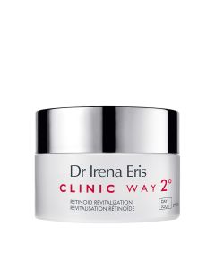 Dr. Irena Eris  CLINIC WAY 2 ° revitalizirajuća dnevna Retinoid dermo krema protiv bora SPF20 50 ml - za dan učinkovito se bori protiv procesa odgovornih za nastanak elastičnih bora. Sivo srebrno crvena posudica kreme na bijeloj pozadini.