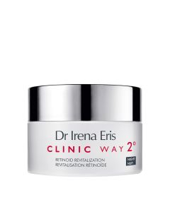 Dr. Irena Eris CLINIC WAY 2 ° revitalizirajuća noćna Retinoid dermo krema protiv bora 50 ml - za noć učinkovito se bori protiv procesa odgovornih za nastanak elastičnih bora. Srebrno sivo crvena posudica kreme na bijeloj pozadini.