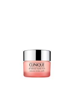 CLINIQUE ALL ABOUT EYES RICH krema za područje oko očiju 15 ml - vizualno smanjuje natečenost, posvjetljuje tamna područja, zaglađuje fine linije, dok pritom stvara svjež i odmoran izgled očiju. Rozo srebna posudica kreme na bijeloj pozadini.