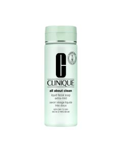 CLINIQUE Liquid facial soap extra mild 200 ml - ovaj tekući sapun nježno i učinkovito čisti lice, ne isušuje, pomaže ukloniti nečistoće i ostatke šminke. Za vrlo suhu i suhu kožu. Zeleno srebrno crna boca proizvoda na bijeloj pozadini.