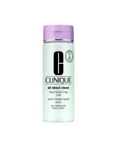 CLINIQUE Liquid face soap mild 200 ml - nježan gel tekući sapun razvijen od strane dermatologa za nježno i učinkovito čišćenje kože, za suhu do mješovitu kožu. Ljubičasto zeleno crna boca proizvoda na bijeloj pozadini.