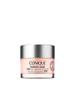 CLINIQUE Moisture surge 100H 50 ml - brzo upijajuća hidratantna gel krema koja pruža 100 sata kontinuirane hidratacije i smirenje kože čak i nakon umivanja lica. Srebrno rozo crna posudica proizvoda na bijeloj pozadini.