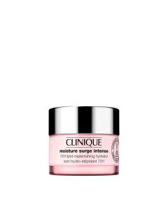 CLINIQUE Moisture surge intense 72H 30 ml - smirujuća gel krema za obnovu lipida za ugodu, hidrataciju punih 72 sata i jačanje kože. Za vrlo suhu, suhu do mješanu kožu. Srebrno rozo crna posudica proizvoda na bijeloj pozadini.