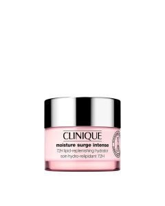 CLINIQUE Moisture surge intense 72H 50 ml - smirujuća gel krema za obnovu lipida za ugodu, hidrataciju punih 72 sata i jačanje kože. Za vrlo suhu, suhu do mješanu kožu. Srebrno rozo crna posudica proizvoda na bijeloj pozadini.
