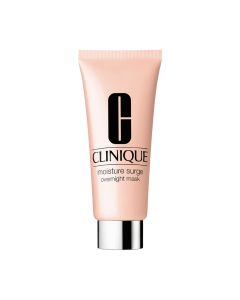 Clinique Moisture Surge Overnight Mask 100 ml - za dubinsku njegu i intenzivnu hidrataciju. Bogata tekstura ove noćne maske smiruje i nadoknađuje izgubljenu vlagu kože dok spavate. Rozo srebrno crna tuba maske na bijeloj pozadini.