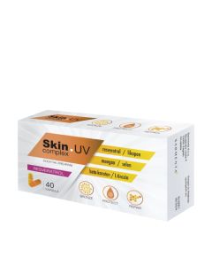 CLINMEDIQ Skin UV Complex 40 kapsula - UV BRONZE - PROTECT - REPAIR sadrži 3 grupe odabranih sastojaka koji imaju svoje mjesto za vrijeme i nakon sunčanja, no i u samoj pripremi kože za izloženost Suncu. Bijelo narančasta kutija proizvoda na bijeloj pozad