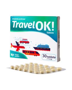 CLINMEDIQ TravelOK tablete - Filmom obložene tablete s ekstraktom đumbira. Za prevenciju mučnine i povraćanja. Ne izazivaju umor i pospanost. Bijelo plavo crvena kutija i žute tablete na bijeloj pozadini.