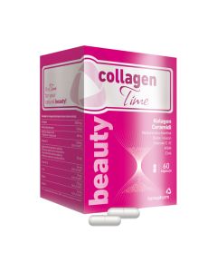 CollagenTime Beauty kapsule - dodatak prehrani dolazi u praktičnom pakiranju u obliku kapsula. Pomaže u rastu i čvrstoći noktiju i kose, smanjenju bora. Rozo bijela kutija i bijele kapsule na bijeloj pozadini.