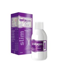 CollagenTime Slim, 500 ml - djeluje na ljepotu kože, a ujedno ubrzava aktivno mršavljenje, jača zdravu strukturu kože i smanjuje celulit te vraća tonus koži. Ljubičasto bijela kutija i bočica proizvoda na bijeloj pozadini.