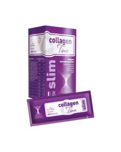 CollagenTime Slim granule - djeluje na ljepotu kože, a ujedno ubrzava aktivno mršavljenje, jača zdravu strukturu kože, smanjuje celulit te vraća tonus koži. Ljubičasto bijela kutija i vrećica proizvoda na bijeloj pozadini.