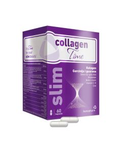 CollagenTime Slim kapsule - ubrzava aktivno mršavljenje, jača zdravu strukturu kože, smanjuje celulit i vraća tonus koži, a oblik u kapsulama vrlo je lako popiti sa čašom vode. Ljubičasto bijela kutija i bijele tablete proizvoda na bijeloj pozadini.