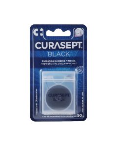 CURASEPT Zubni konac BLACK s voskom 50m - izrađen je od poliestera i presvučen posebnim mikrokristalnim voskom koji povećava njegovu glatkoću i otpornost.
