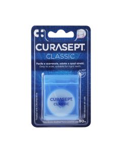 CURASEPT Zubni konac CLASSIC s voskom okusa mente - obložen je posebnim mikrokristalnim voskom koji povećava njegovu glatkoću i otpornost, osigurava učinkovito čišćenje.