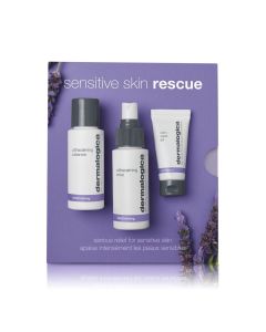 Dermalogica Skin kit - Sensitive skin rescue. Set sadrži: UltraCalming Cleanser 50 ml, UltraCalming Mist 50 ml i Calm Water Gel 15 ml. Proizvodi su u ljubičastoj kutiji na bijeloj pozadini.