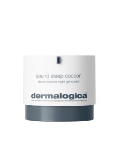 Dermalogica Sound Sleep Cocoon - regenerativna noćna gel-krema. Mijenja izgled kože povećavajući njezine regenerativne sposobnosti. Proizvod u bijeloj kutijici sa crnim čepom na bijeloj pozadini.