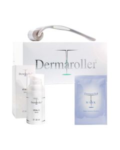 Dermaroller Premium Gift Box - sadrži Dermaroller HC902 za kućnu upotrebu 0,2mm, Dermaroller tekućina za čišćenje Dermarollera za kućnu upotrebu, Dermaroller Hyaluron maska i Dermaroller Hyal C serum. Proizvodi na bijeloj pozadini.