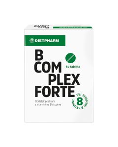 Dietpharm B Complex Forte tablete a 60 - namijenjen je odraslim osobama za održavanje razine vitamina B skupine u organizmu, kao potpora normalnoj funkciji imunološkog i živčanog sustava. Bijelo zelena kutija proizvoda na bijeloj pozadini.