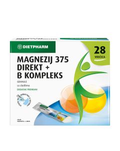 Dietpharm Magnezij 375 Direkt + B kompleks granule 28 vrećica - dodatak prehrani s magnezijem i vitaminima skupine B u direkt obliku koji će Vaš iscrpljeni organizam voljeti! Bijelo zeleno žuta kutija na bijeloj pozadini.