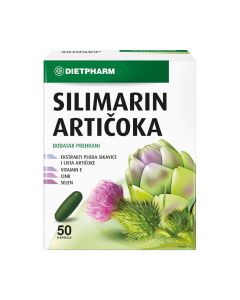 Dietpharm SILIMARIN+ARTIČOKA KAPSULE 50 kapsula - bijelo zeleno ljubičasta kutija proizvoda na bijeloj pozadini.